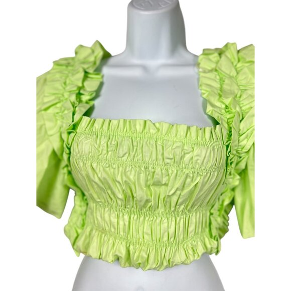Zara Lime Green Smocked Ruffle Poplin Crop Top With Flutter Sleeves XS - Picture 3 of 13